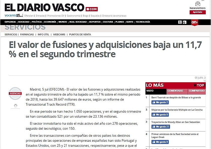 El valor de fusiones y adquisiciones baja un 11,7 % en el segundo trimestre